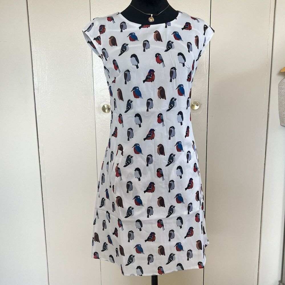 SM Wardrobe NY White Cap Sleeve Birds Artsy Boho Dress W/Pockets Sz Small NEW!